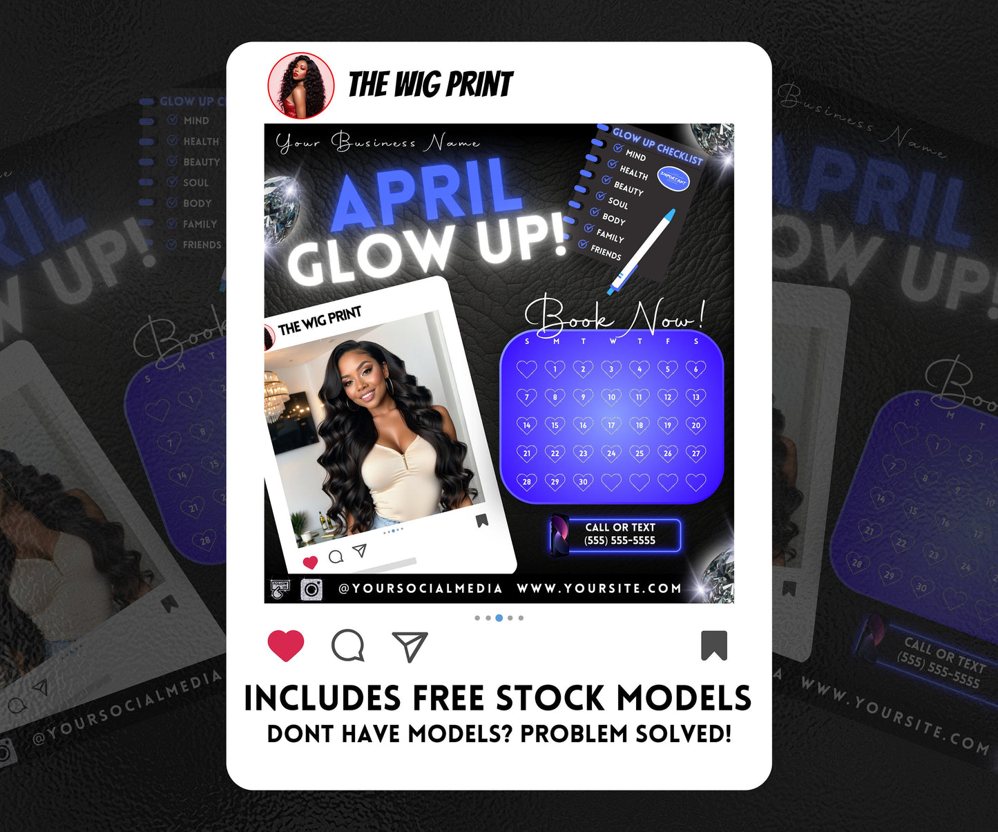 April Glow Up | 4 Flyers | Blue Theme | Hair + Wig, Nail, Lashes, & Makeup Industry | DIY | CANVA | Instagram | Facebook