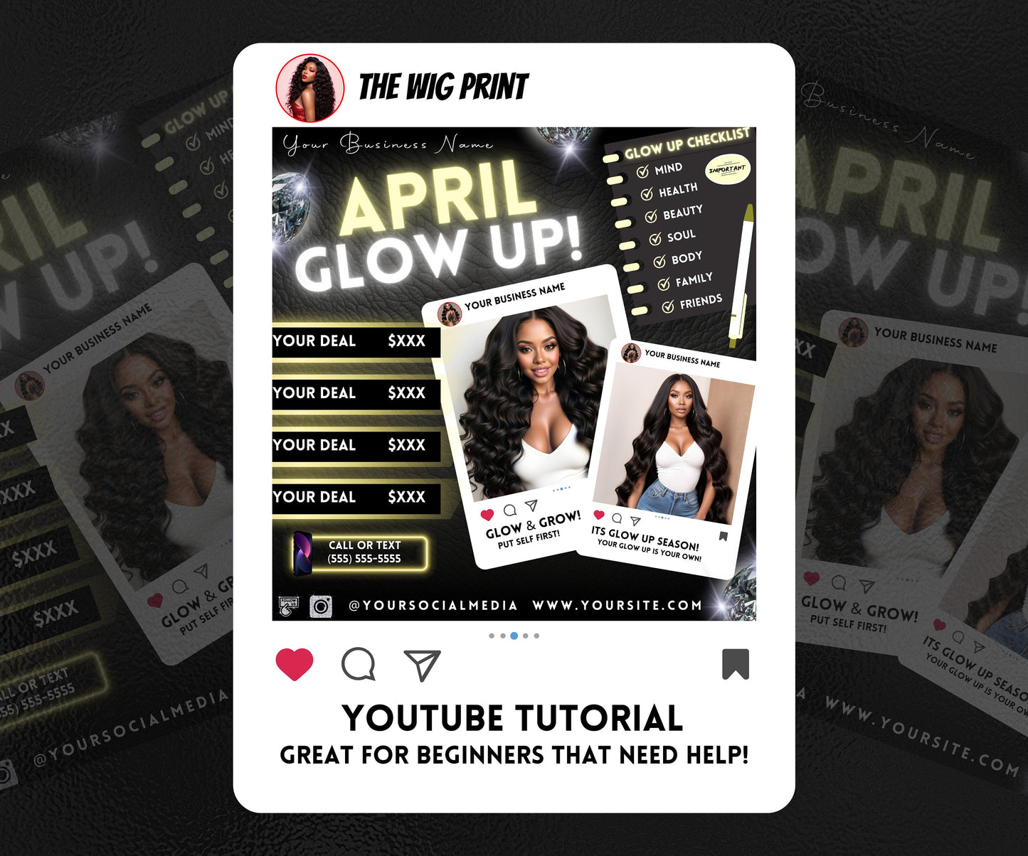 April Glow Up | 4 Flyers | Blue Theme | Hair + Wig, Nail, Lashes, & Makeup Industry | DIY | CANVA | Instagram | Facebook