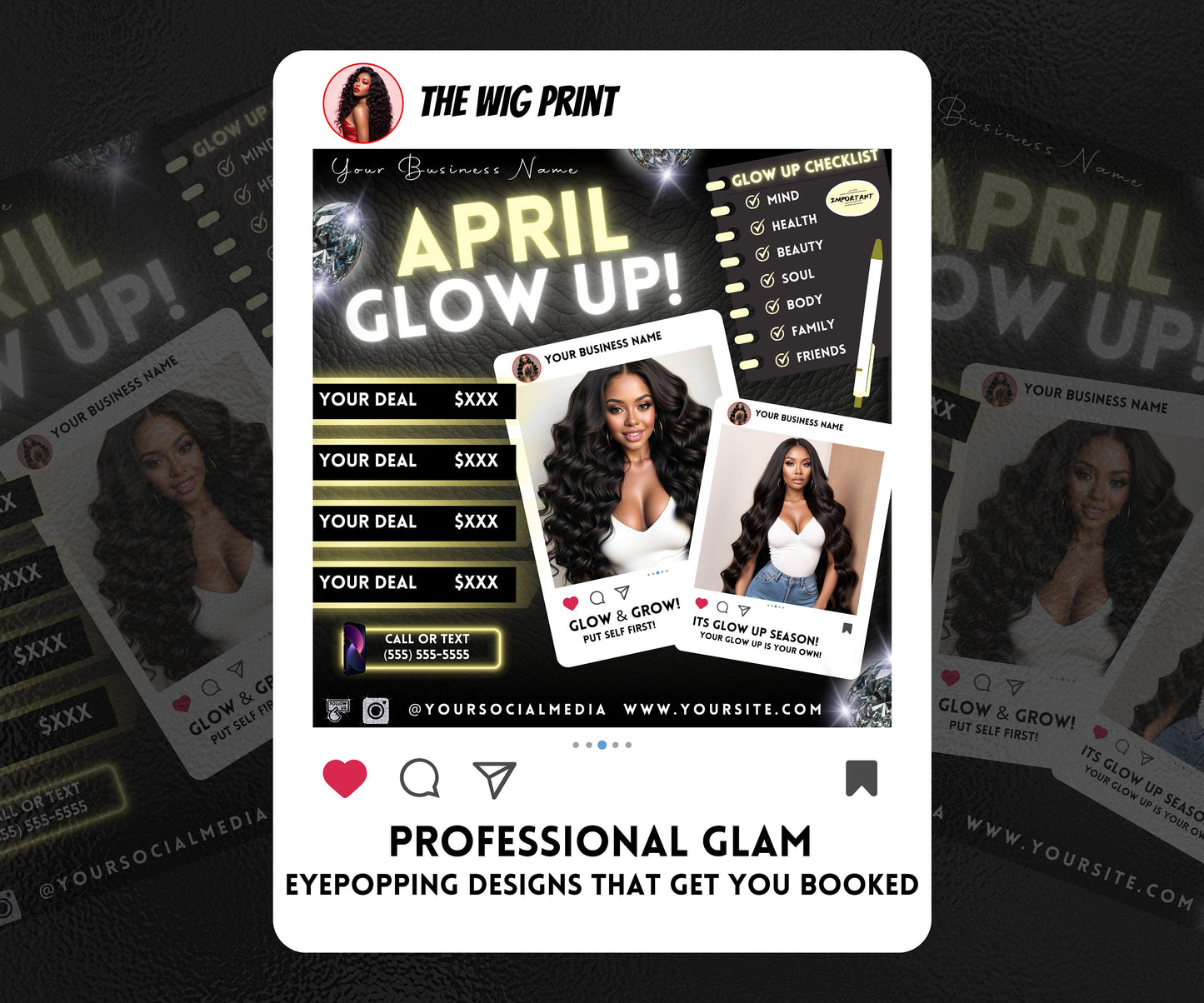 April Glow Up | 4 Flyers | Blue Theme | Hair + Wig, Nail, Lashes, & Makeup Industry | DIY | CANVA | Instagram | Facebook