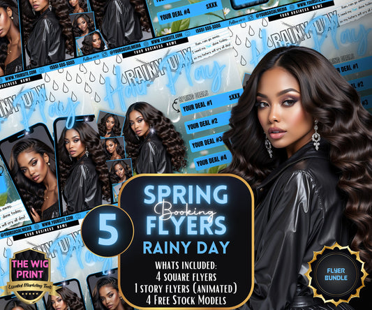 Spring Bookings | Rainy Day x Hair Play | 5 Flyers | Blue Theme | Hair + Wig, Nail, Lashes, & Makeup Industry | DIY | CANVA