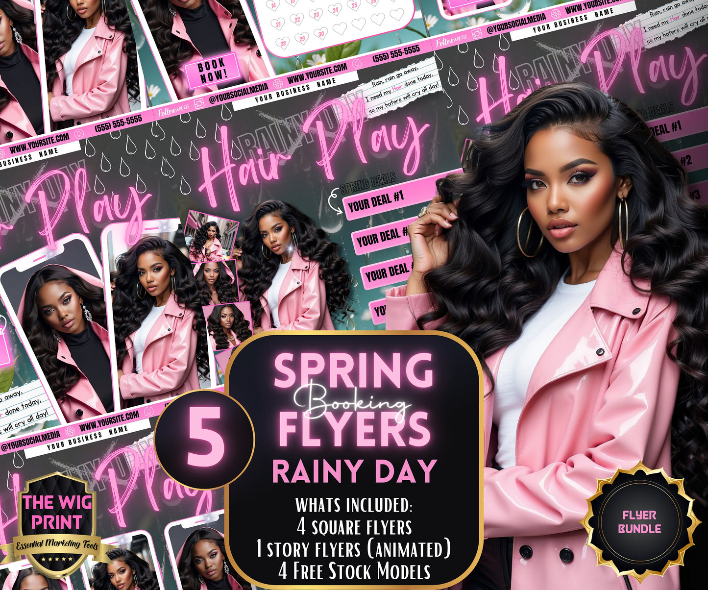 Spring Bookings | Rainy Day x Hair Play | 5 Flyers | Blue Theme | Hair + Wig, Nail, Lashes, & Makeup Industry | DIY | CANVA