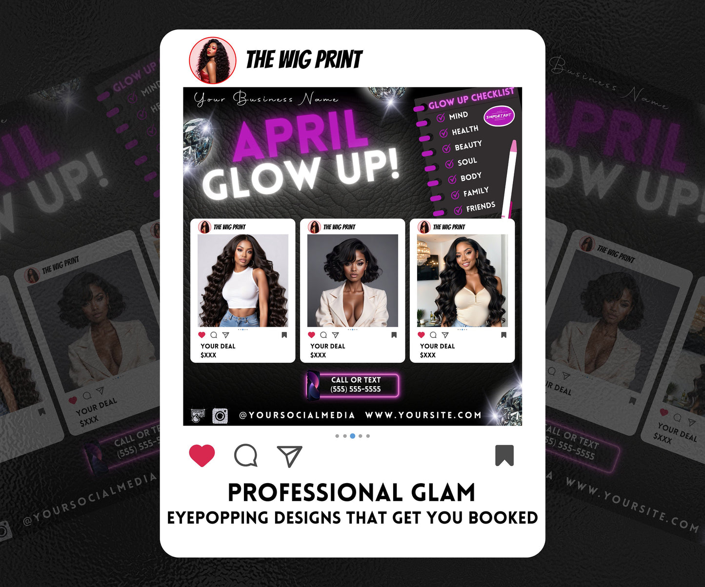 April Glow Up | 4 Flyers | Purple Theme | Hair + Wig, Nail, Lashes, & Makeup Industry | DIY | CANVA | Instagram | Facebook