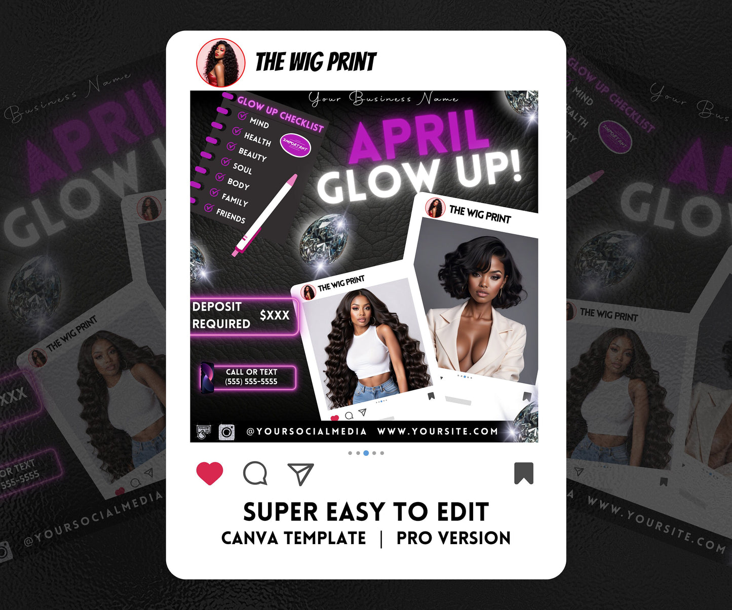 April Glow Up | 4 Flyers | Purple Theme | Hair + Wig, Nail, Lashes, & Makeup Industry | DIY | CANVA | Instagram | Facebook