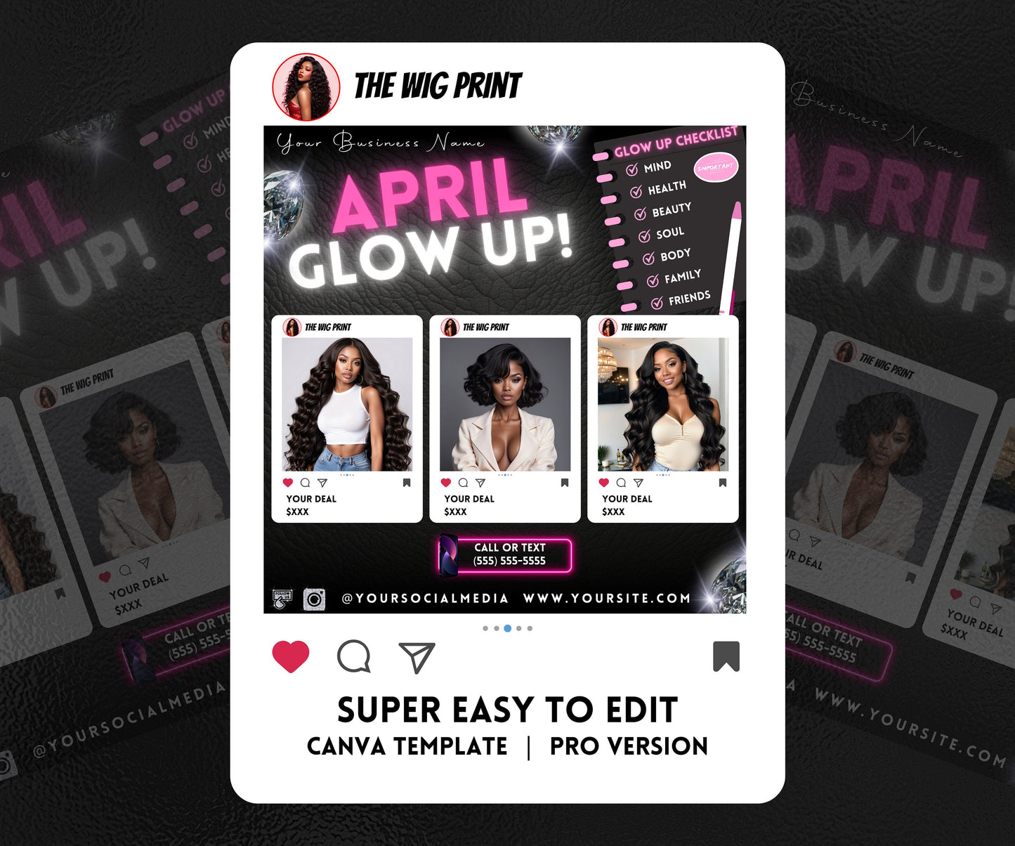 April Glow Up | 4 Flyers | Pink Theme | Hair + Wig, Nail, Lashes, & Makeup Industry | DIY | CANVA | Instagram | Facebook