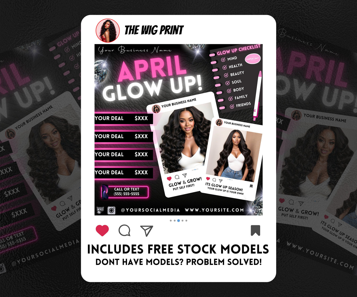 April Glow Up | 4 Flyers | Pink Theme | Hair + Wig, Nail, Lashes, & Makeup Industry | DIY | CANVA | Instagram | Facebook