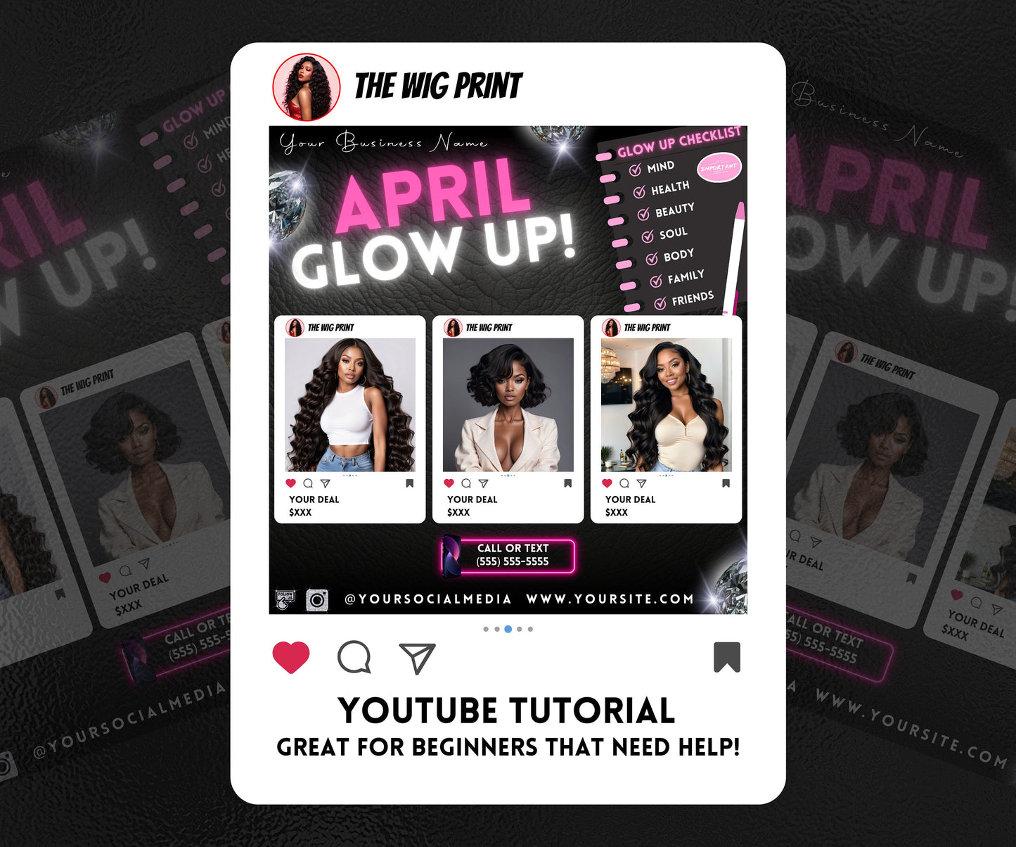 April Glow Up | 4 Flyers | Pink Theme | Hair + Wig, Nail, Lashes, & Makeup Industry | DIY | CANVA | Instagram | Facebook