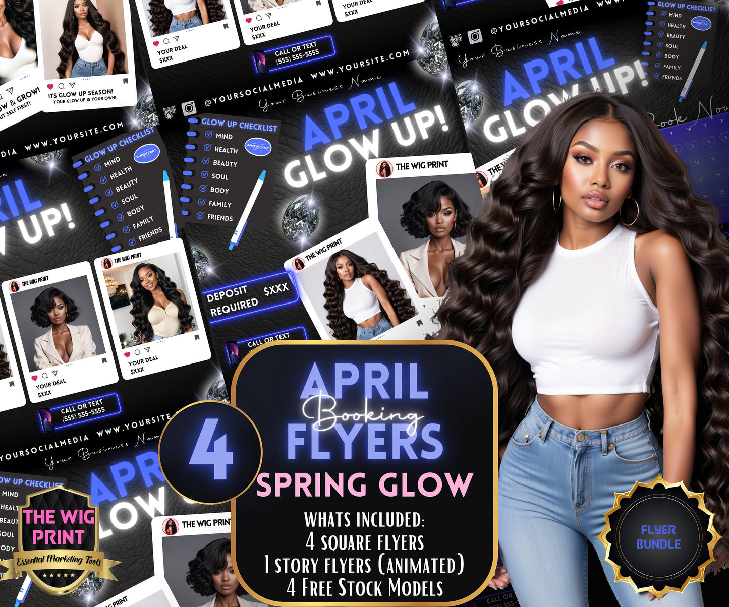 April Glow Up | 4 Flyers | Blue Theme | Hair + Wig, Nail, Lashes, & Makeup Industry | DIY | CANVA | Instagram | Facebook