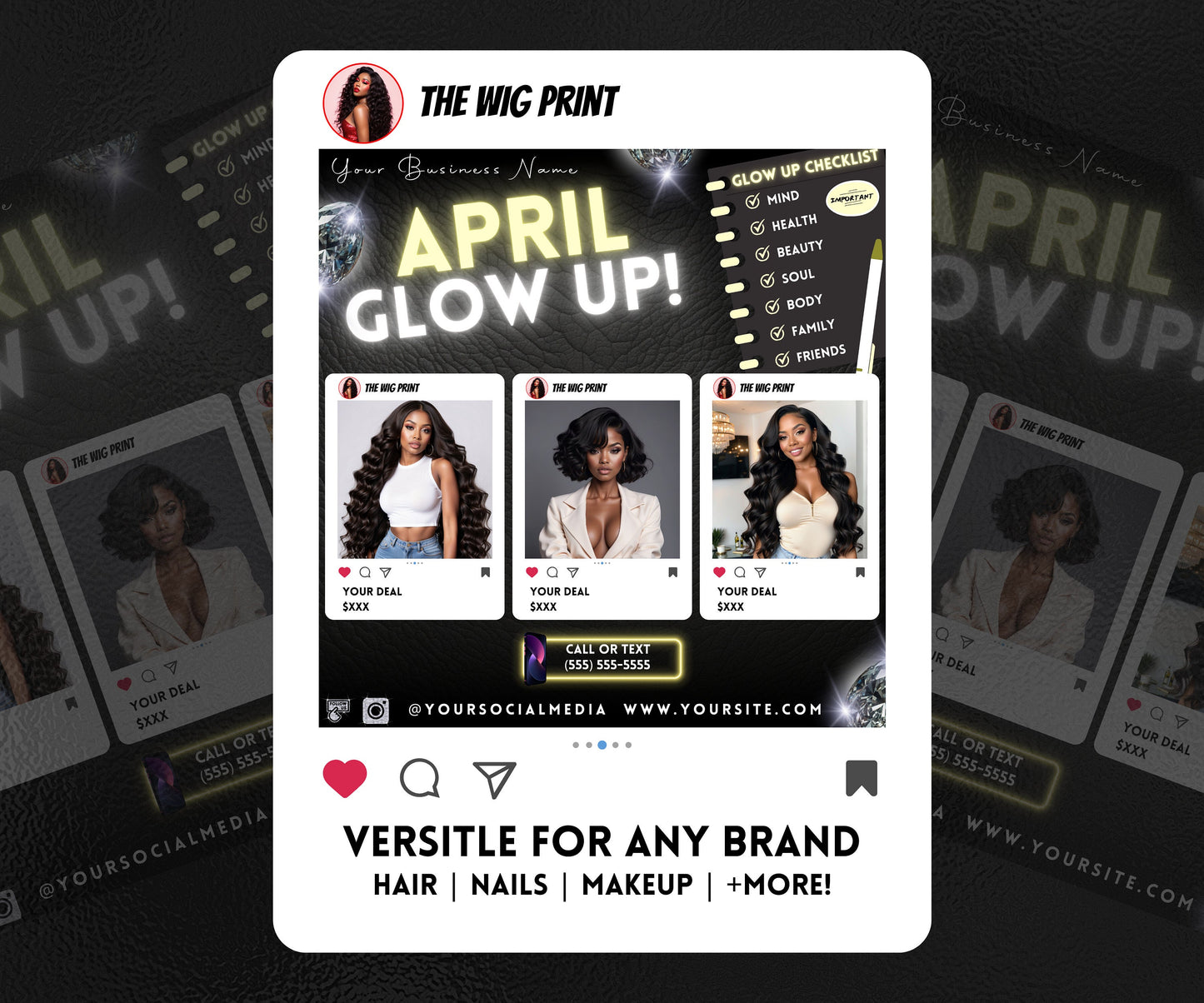 April Glow Up | 4 Flyers | Blue Theme | Hair + Wig, Nail, Lashes, & Makeup Industry | DIY | CANVA | Instagram | Facebook