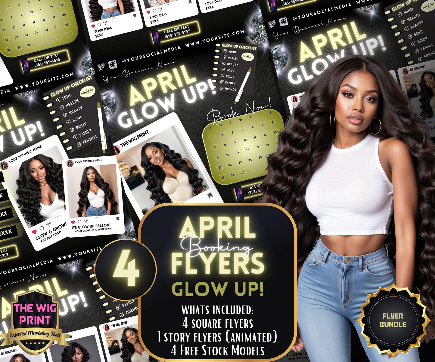 April Glow Up | 4 Flyers | Blue Theme | Hair + Wig, Nail, Lashes, & Makeup Industry | DIY | CANVA | Instagram | Facebook