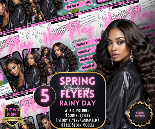 Spring Bookings | Rainy Day x Hair Play | 5 Flyers | Pink Theme | Hair + Wig, Nail, Lashes, & Makeup Industry | DIY | CANVA