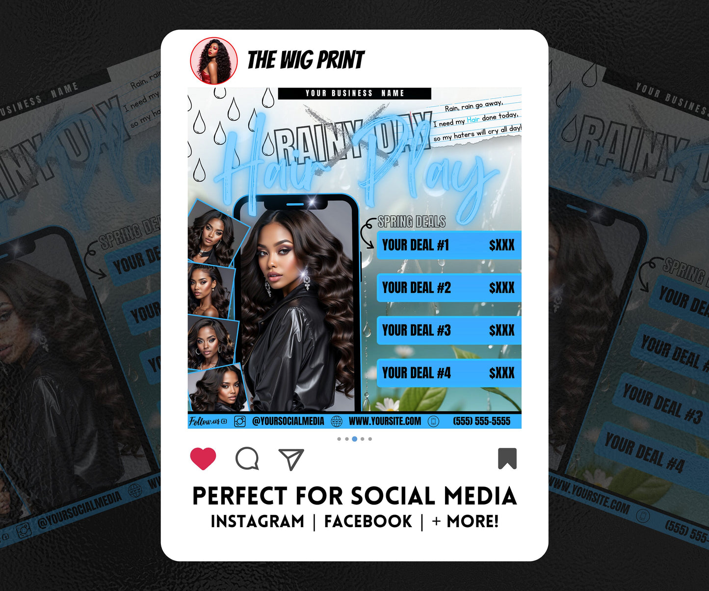 Spring Bookings | Rainy Day x Hair Play | 5 Flyers | Blue Theme | Hair + Wig, Nail, Lashes, & Makeup Industry | DIY | CANVA