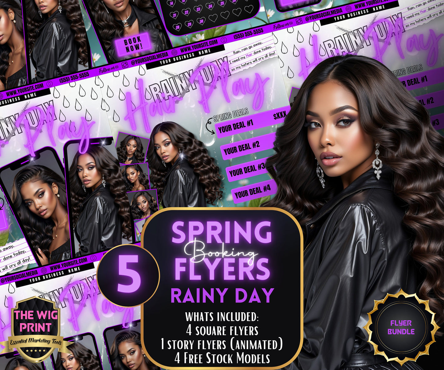 Spring Bookings | Rainy Day x Hair Play | 5 Flyers | Blue Theme | Hair + Wig, Nail, Lashes, & Makeup Industry | DIY | CANVA