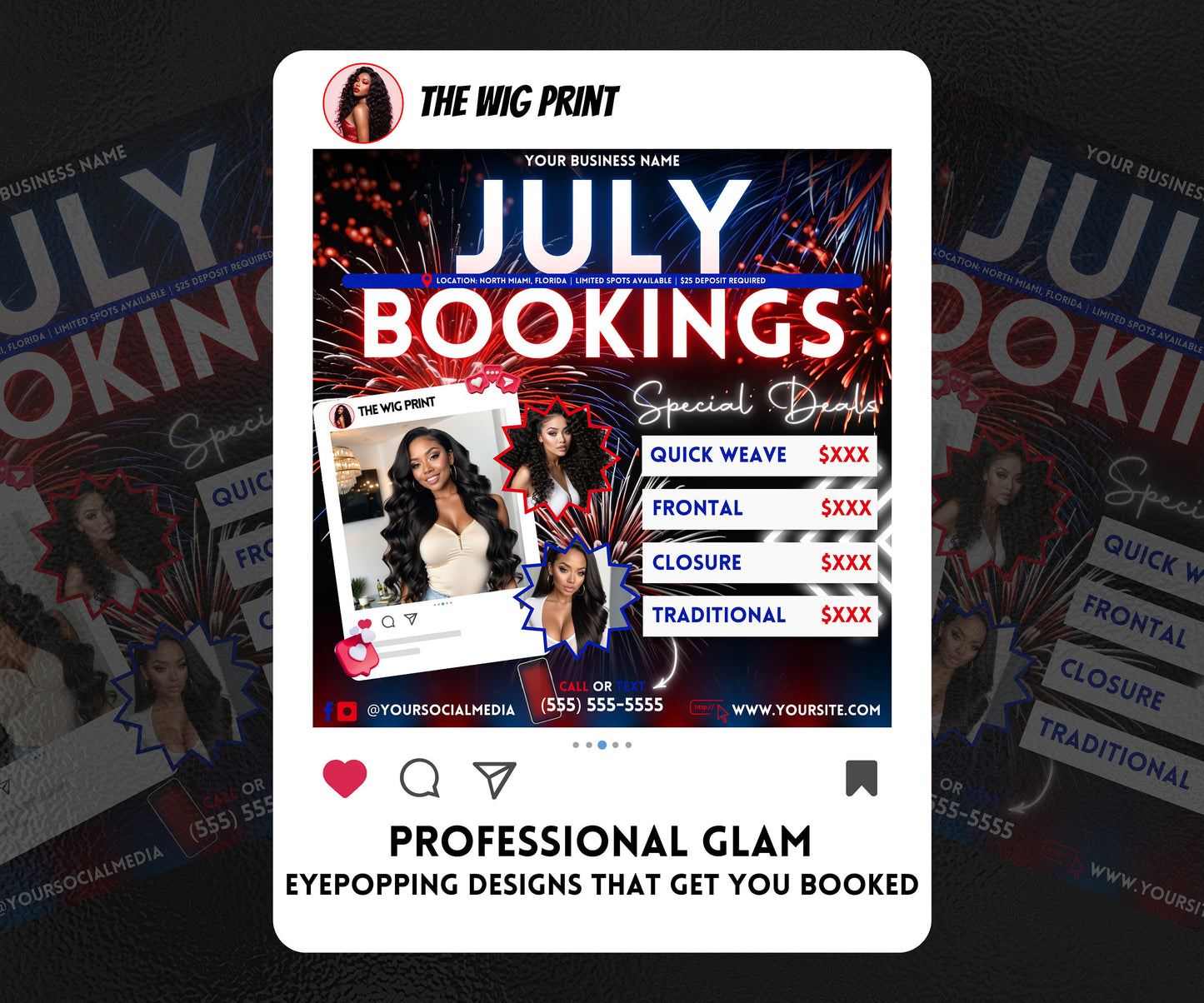 July Hair Bookings | 5 Booking Flyer | Firework Theme | DIY | CANVA | Summer Break | Summer Special | Summer Appointments | June July August