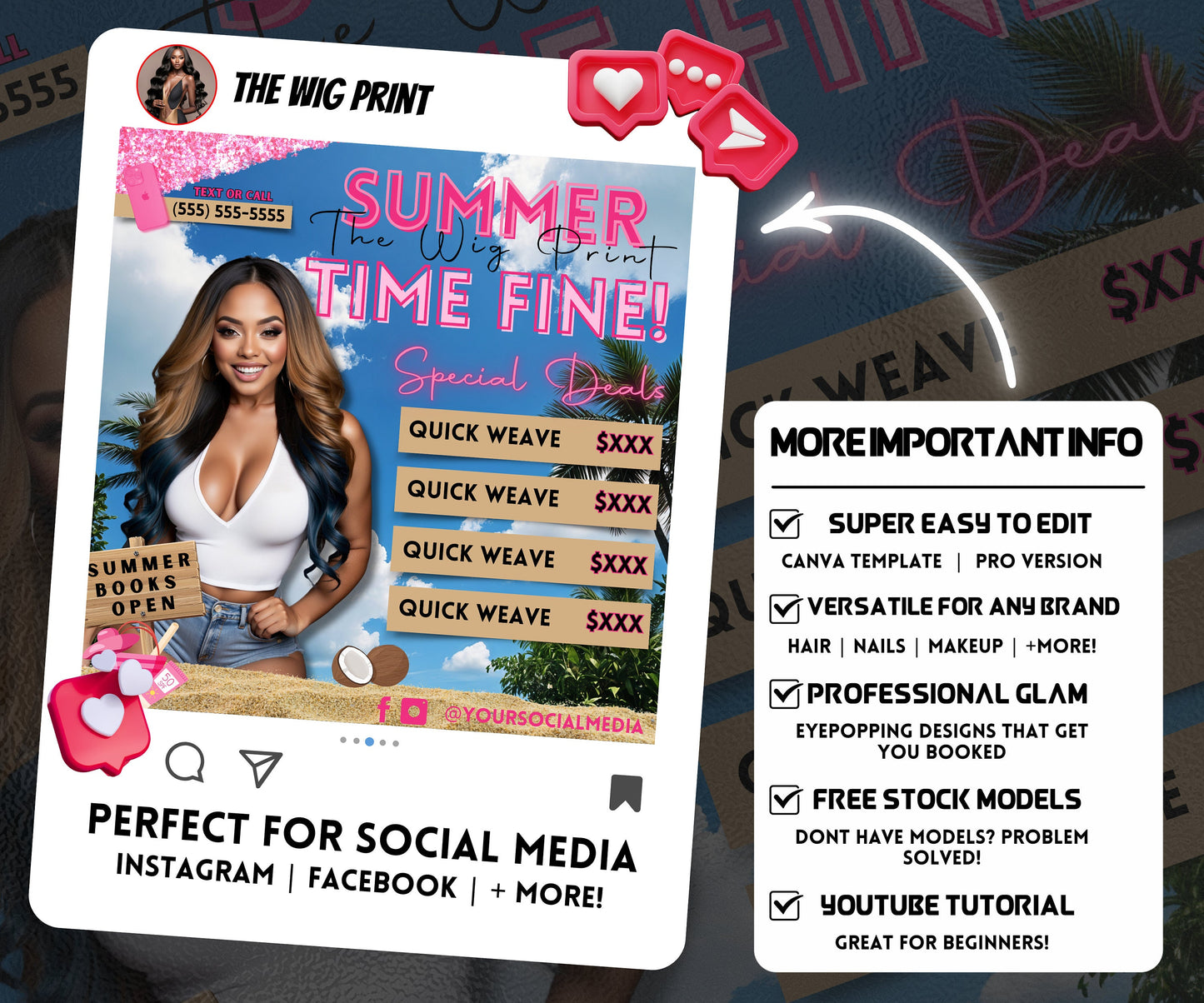 Summer Hair Special Deals | 1 Booking Flyer | Pink Theme | DIY | CANVA | Summer Break | Summer Appointments | June July August