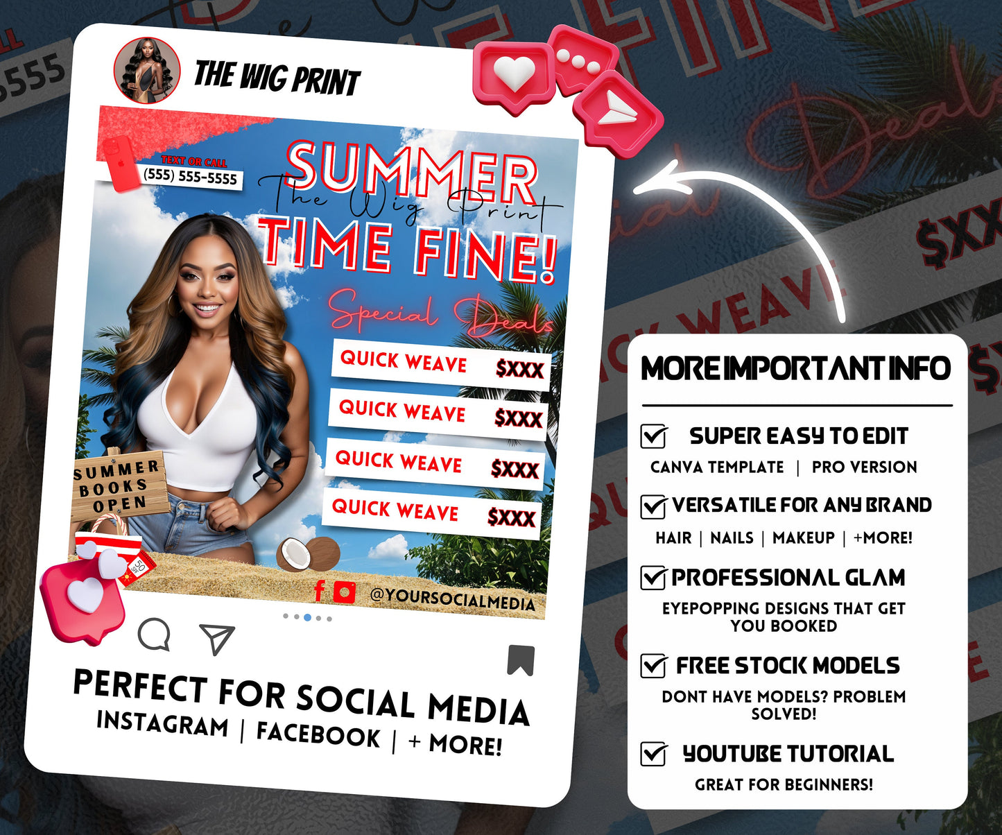 Summer Hair Special Deals | 1 Booking Flyer | Red Theme | DIY | CANVA | Summer Break | Summer Appointments | June July August