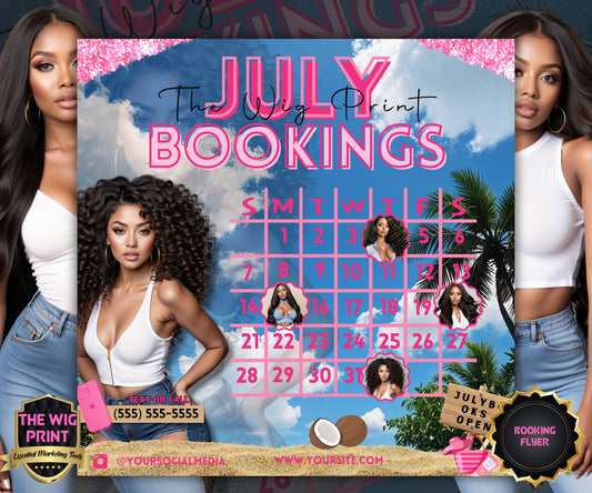 July Hair Books Open | 1 Booking Flyer | Pink Theme | DIY | CANVA | Summer Break | Summer Special | Summer Appointments | June July August