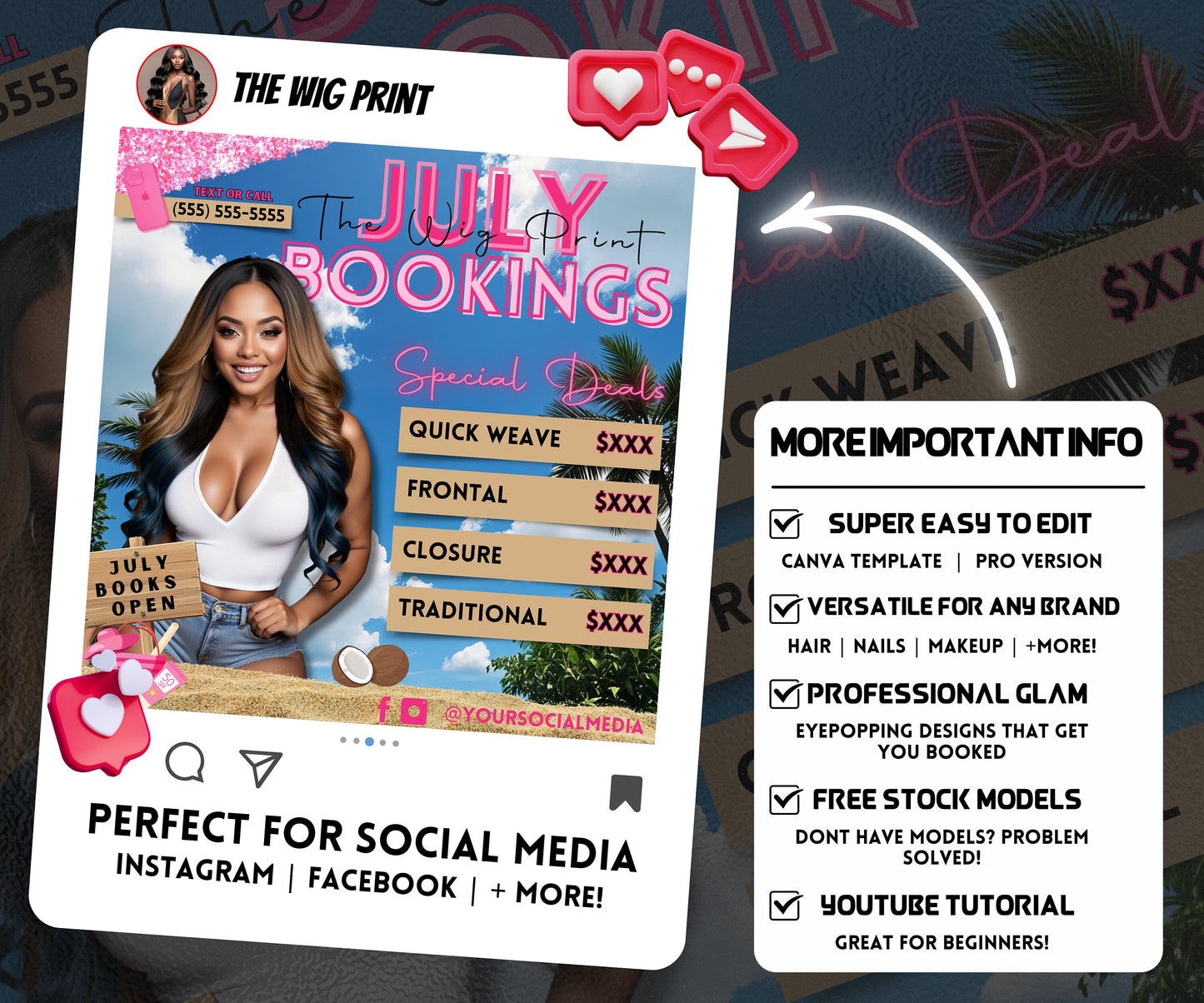 July Hair Special Deals | 1 Booking Flyer | Pink Theme | DIY | CANVA | Summer Break | Summer Appointments | June July August