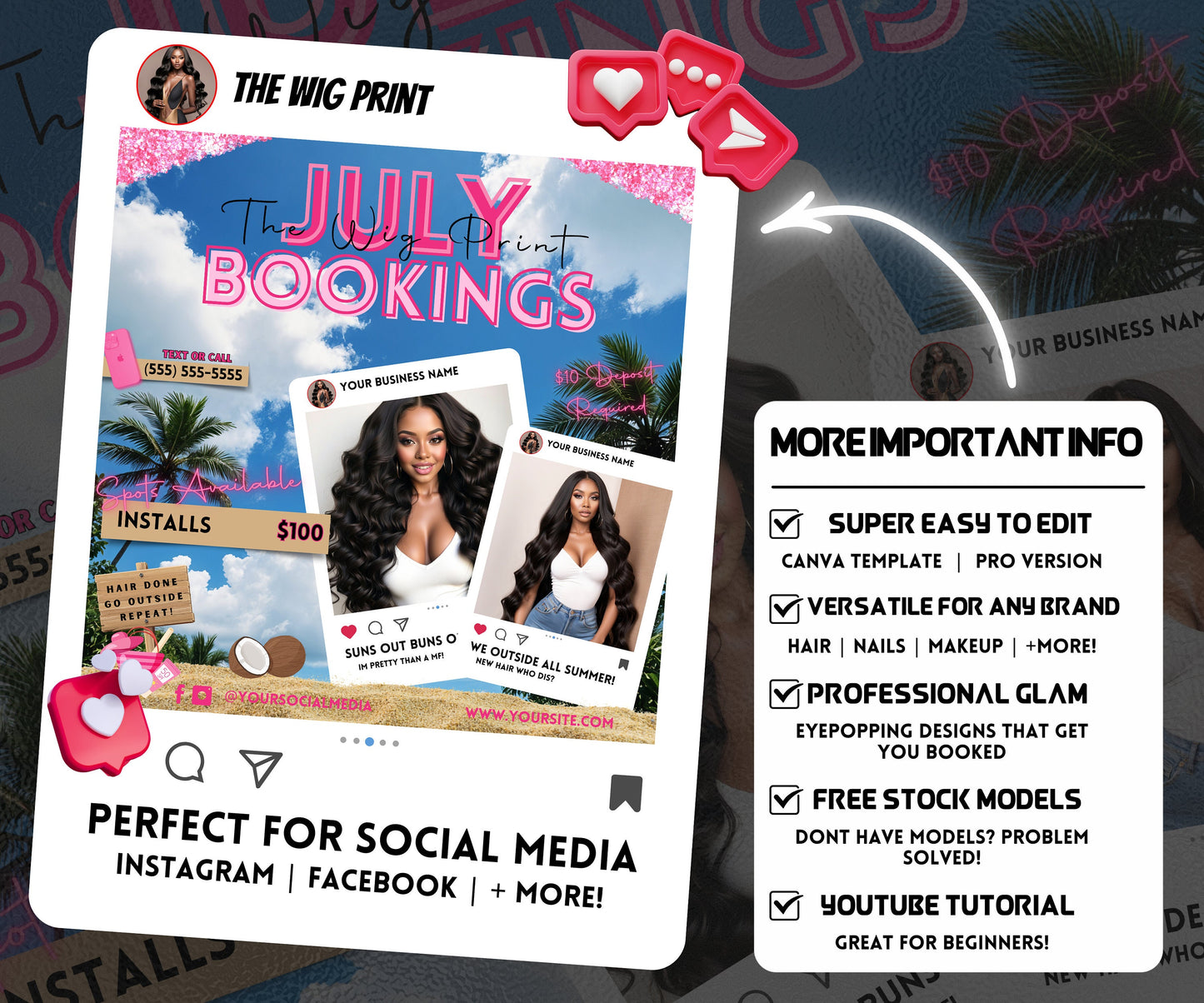 July Hair Books Open | 1 Booking Flyer | Pink Theme | DIY | CANVA | Summer Break | Summer Special | Summer Appointments | June July August