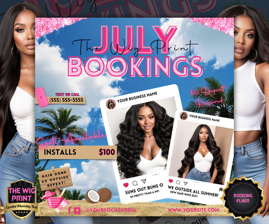 July Hair Books Open | 1 Booking Flyer | Pink Theme | DIY | CANVA | Summer Break | Summer Special | Summer Appointments | June July August