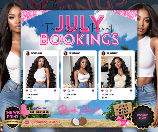 July Hair Bookings | 1 Booking Flyer | Pink Theme | DIY | CANVA | Summer Break | Summer Special | Summer Appointments | June July August