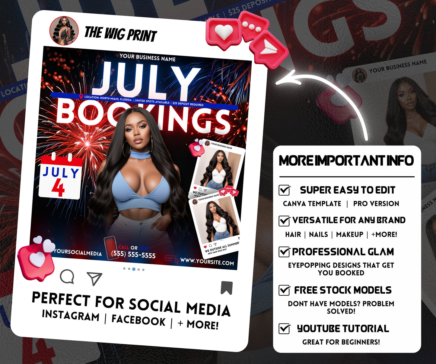 July Hair Book Now | 1 Booking Flyer | Fireworks | DIY | CANVA | Summer Break | Summer Special | Summer Appointments | June July August