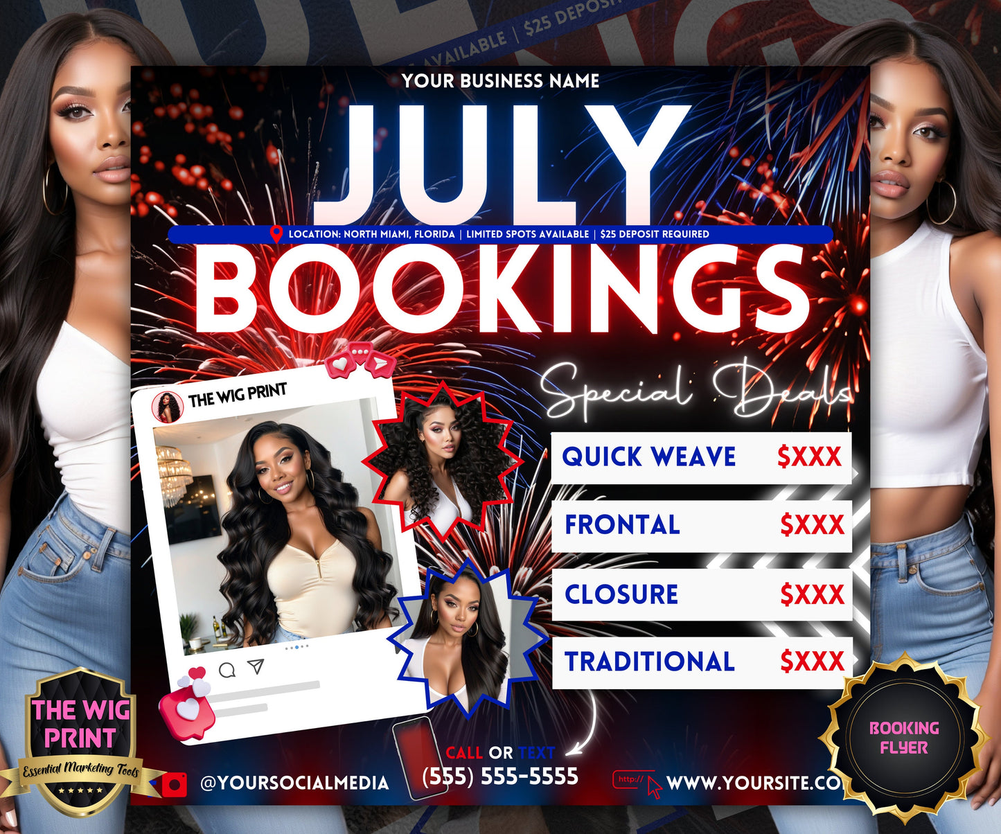 July Hair Special Deals | 1 Booking Flyer | Fireworks | DIY | CANVA | Summer Break | Summer Appointments | June July August