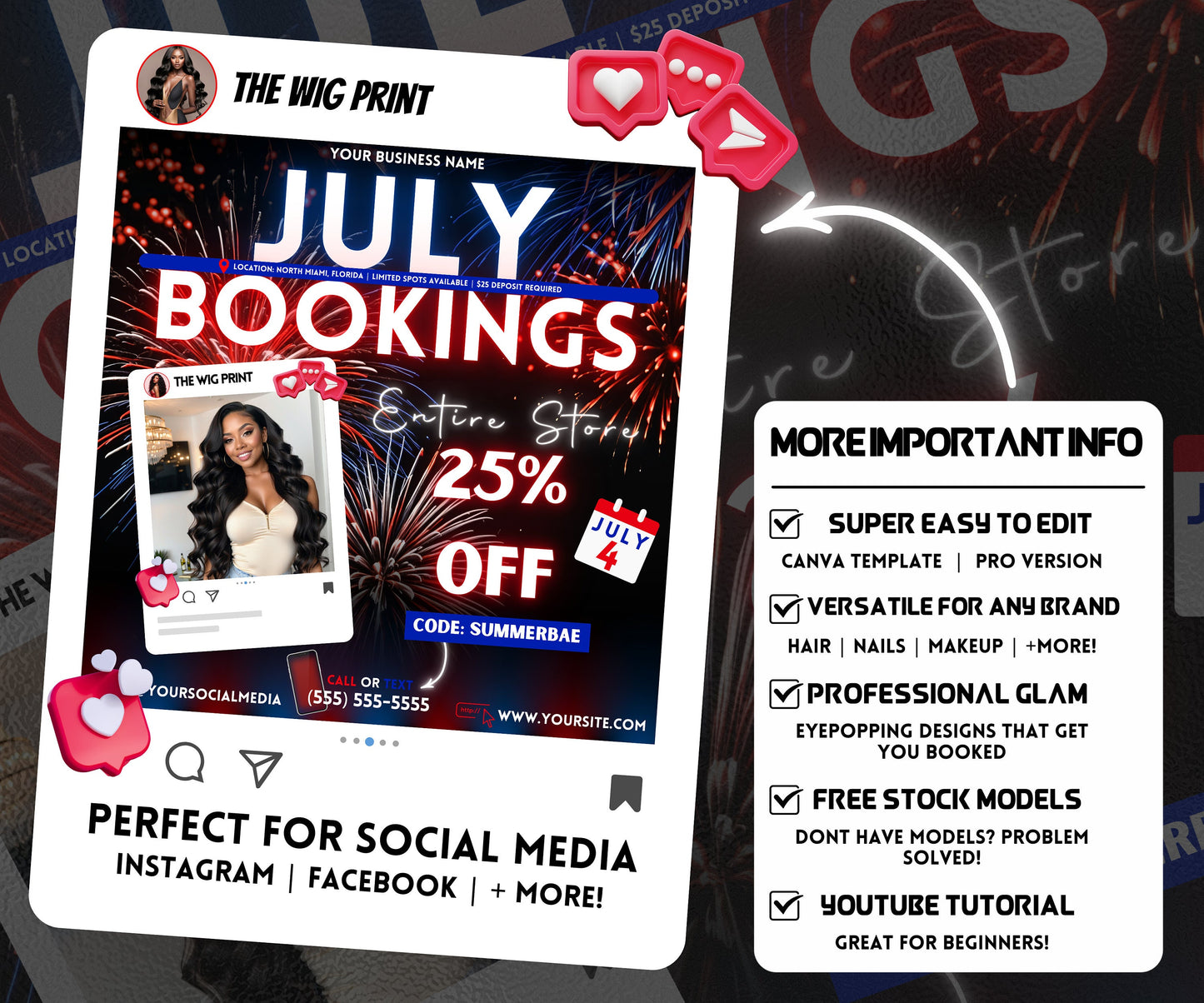 July Hair Sale | 1 Booking Flyer | Fireworks | DIY | CANVA | Summer Break | Summer Special | Summer Appointments | June July August