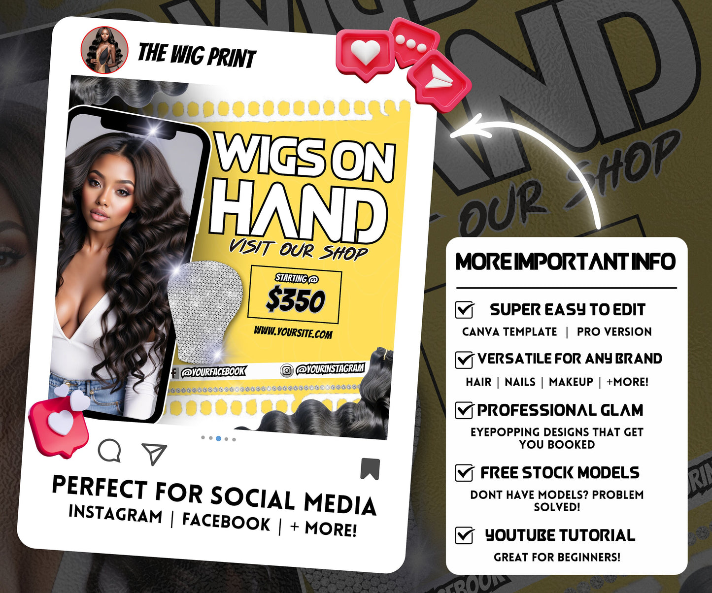 Wigs On Hand Flyer | Wig Specials | Wig Booking Flyers | DIY | CANVA | Wig Flyers | Wig Deals | Wig Appointments | Wigs on Hand | Custom Wig