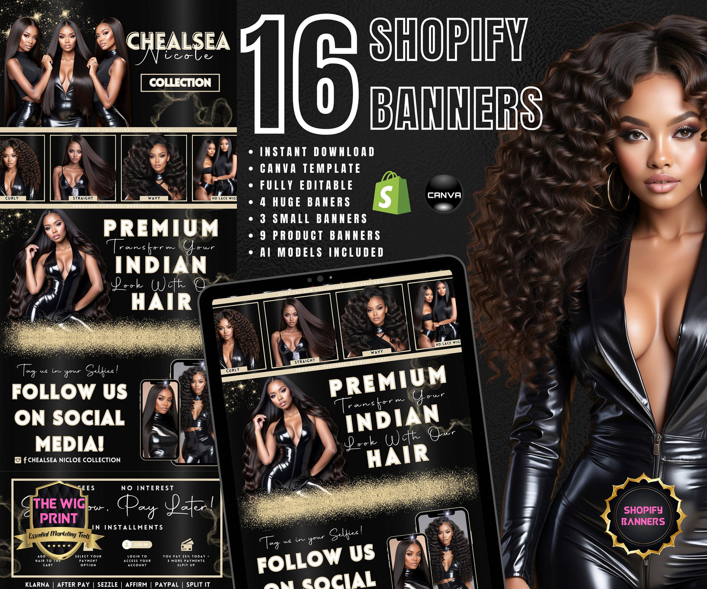 Luxury Indian Hair Website Design | Premade Shopify Website | Hair + Wig Banding Template | DIY | CANVA | Shopify Hair Theme