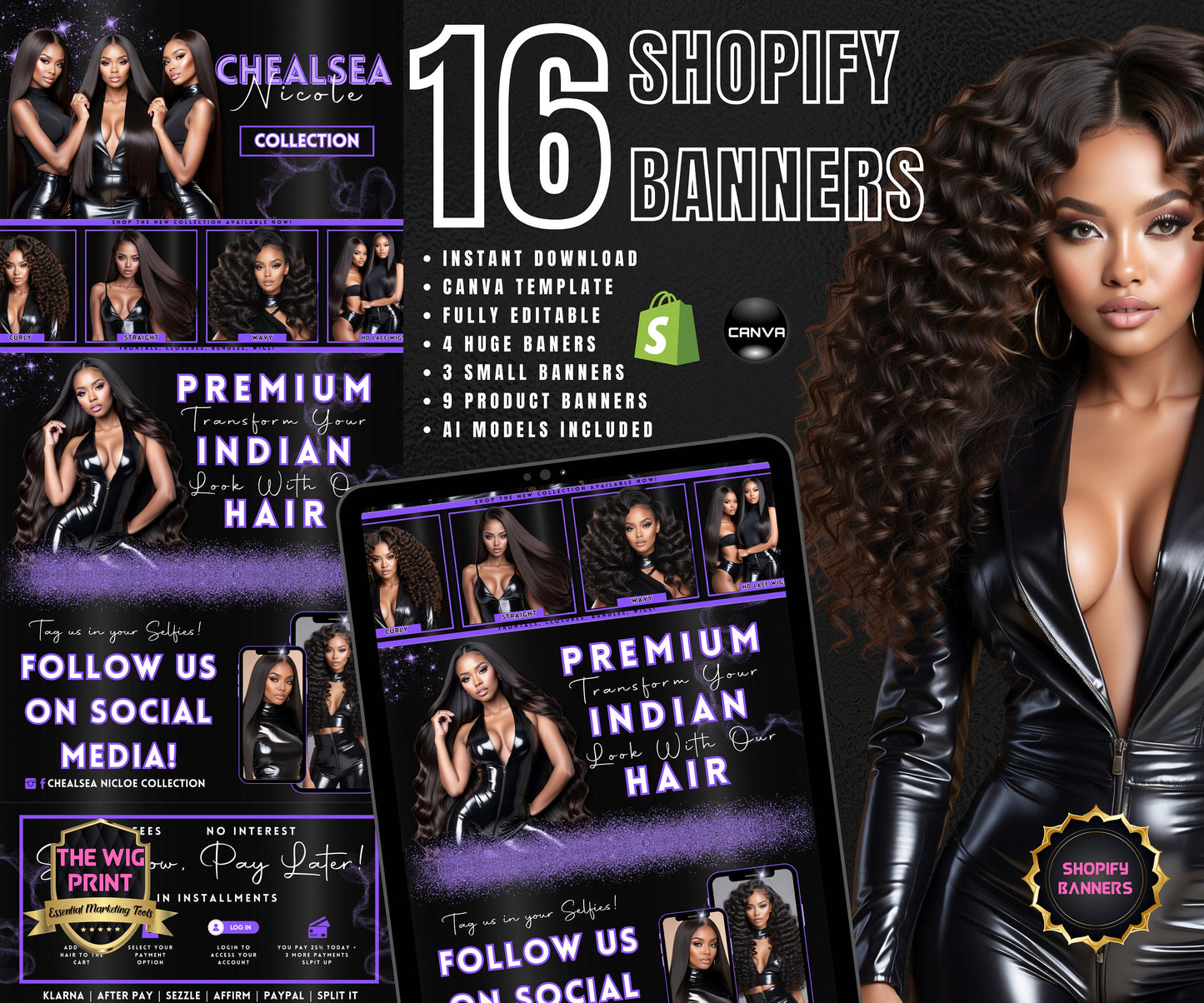 Luxury Indian Hair Website Design | Premade Shopify Website | Hair + Wig Banding Template | DIY | CANVA | Shopify Hair Theme