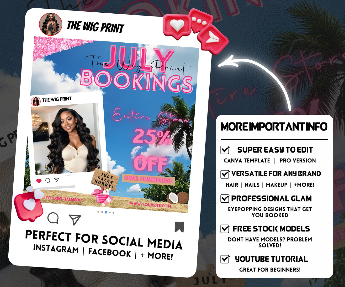 July Hair Sale | 1 Booking Flyer | Pink Theme | DIY | CANVA | Summer Break | Summer Special | Summer Appointments | June July August