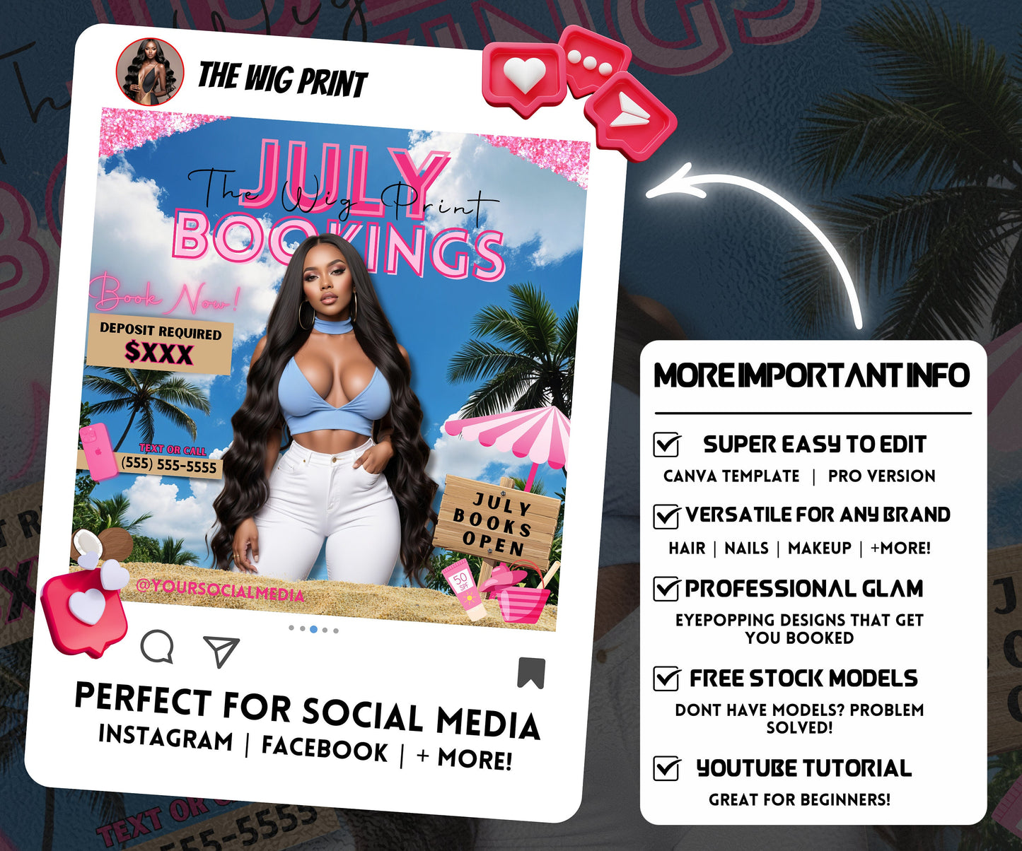 July Hair Book Now | 1 Booking Flyer | Pink Theme | DIY | CANVA | Summer Break | Summer Special | Summer Appointments | June July August