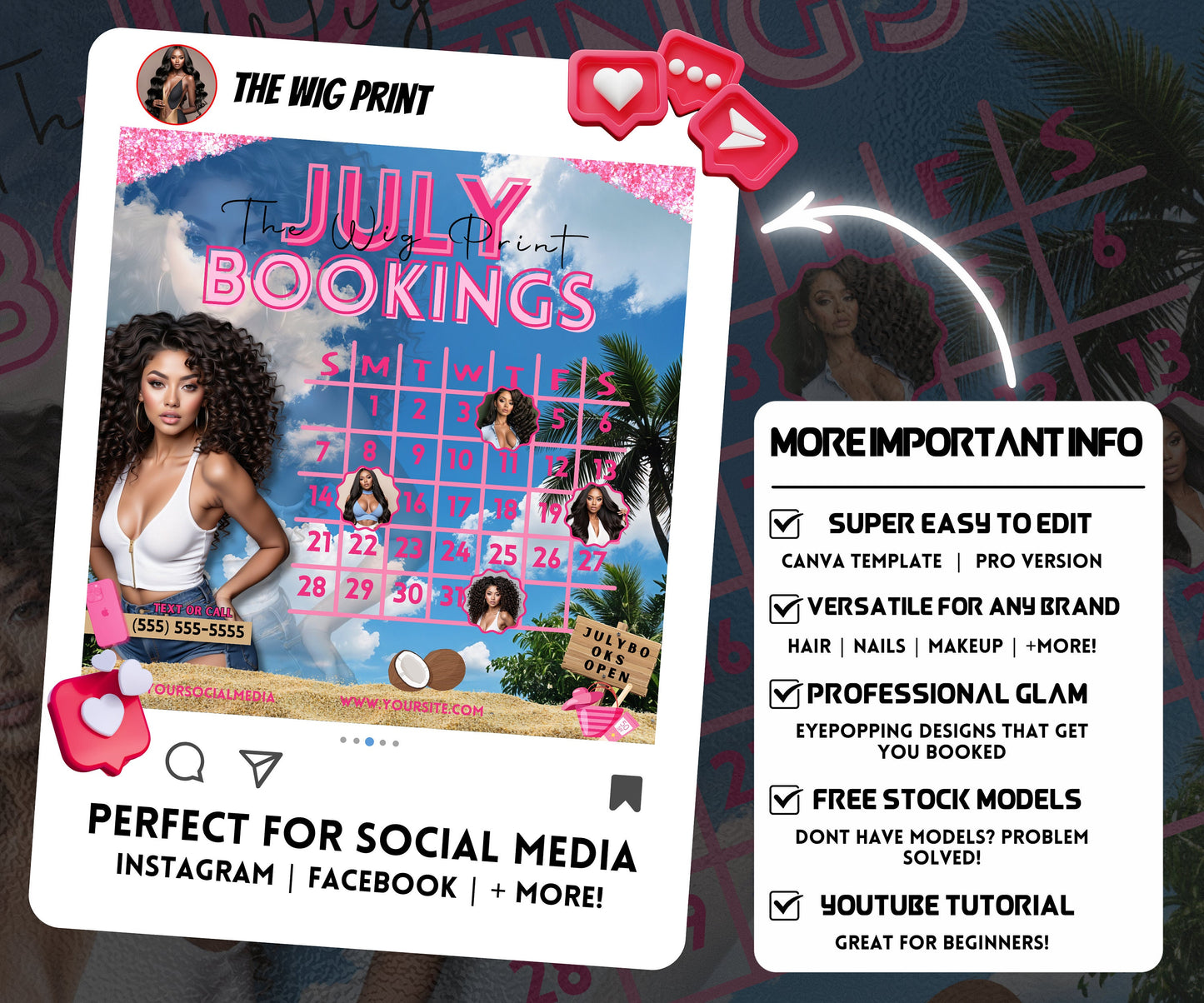 July Hair Books Open | 1 Booking Flyer | Pink Theme | DIY | CANVA | Summer Break | Summer Special | Summer Appointments | June July August