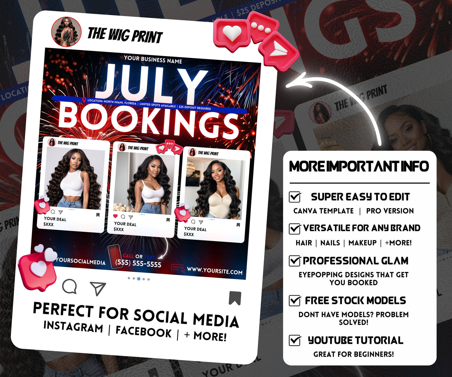 July Hair Bookings | 1 Booking Flyer | Fireworks | DIY | CANVA | Summer Break | Summer Special | Summer Appointments | June July August