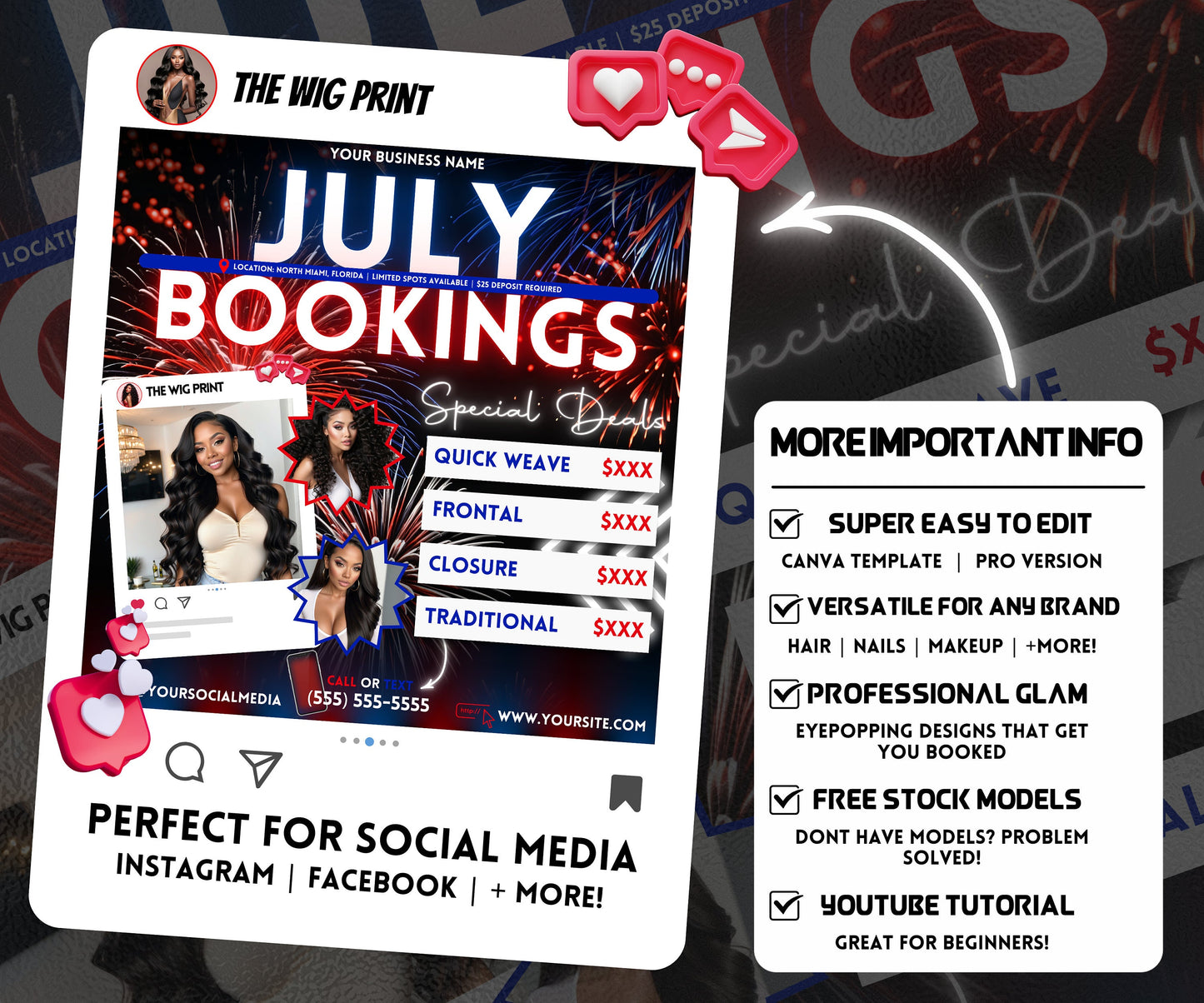 July Hair Special Deals | 1 Booking Flyer | Fireworks | DIY | CANVA | Summer Break | Summer Appointments | June July August