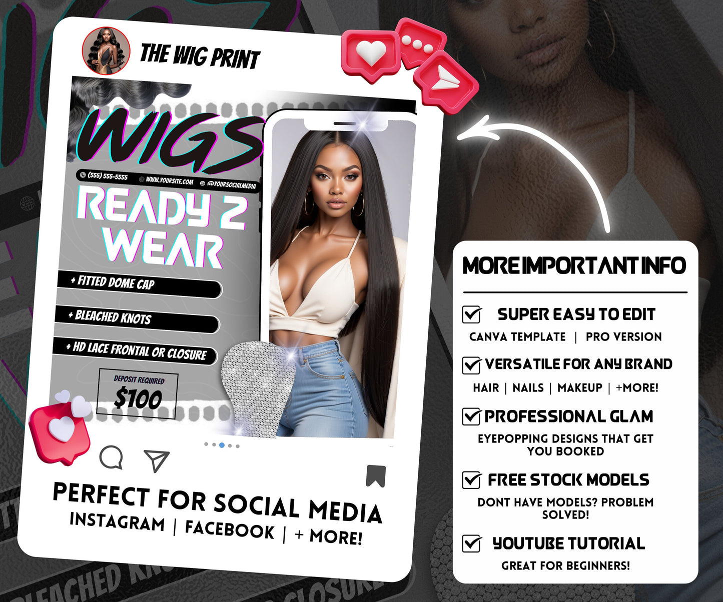 Custom Wig Flyer | Wig Specials | Wig Booking Flyers | DIY | CANVA | Wig Flyers | Wig Deals | Wig Appointments | Wigs on Hand