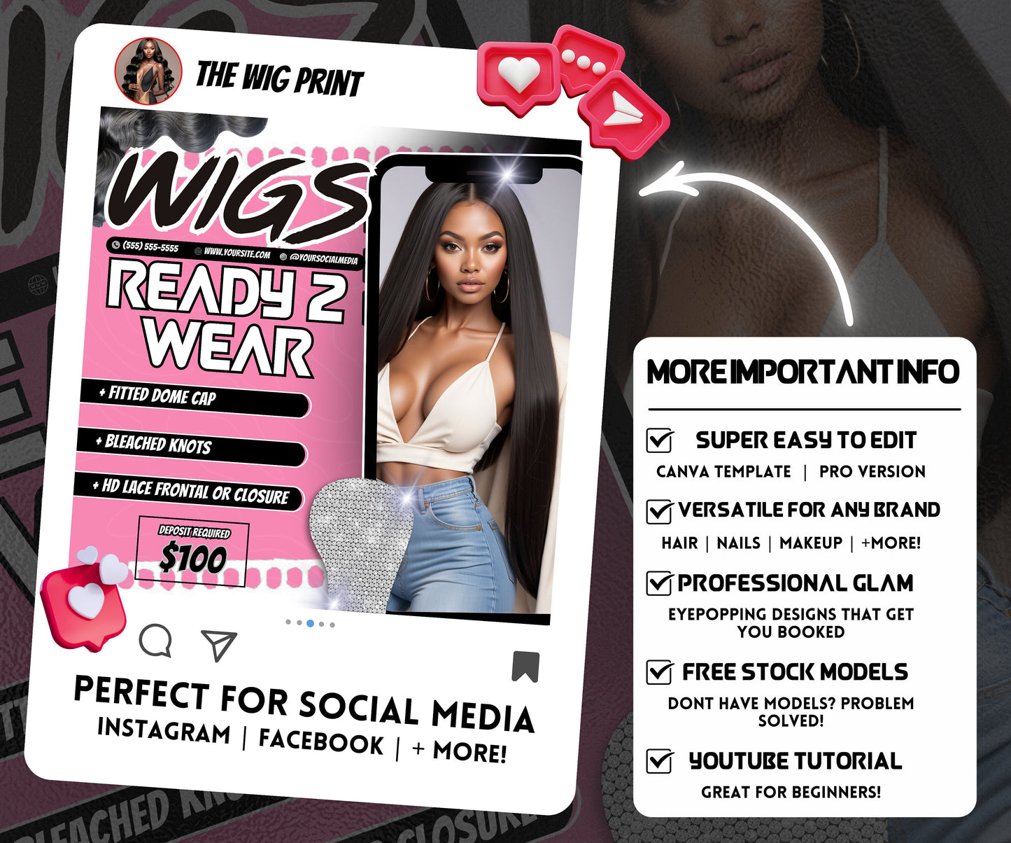 Custom Wig Flyer | Wig Specials | Wig Booking Flyers | DIY | CANVA | Wig Flyers | Wig Deals | Wig Appointments | Wigs on Hand