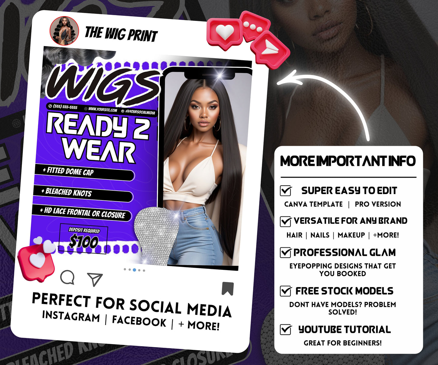 Custom Wig Flyer | Wig Specials | Wig Booking Flyers | DIY | CANVA | Wig Flyers | Wig Deals | Wig Appointments | Wigs on Hand