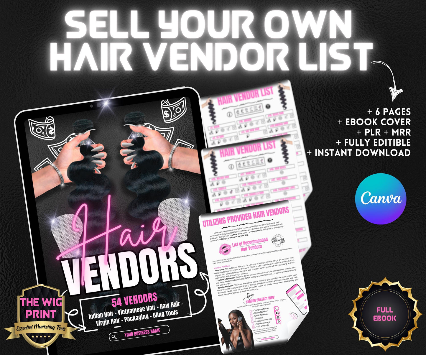 Hair Vendor List | 54 Vendors | Ebook Template | PLR & MRR | Everything done for you | Instant Digital Download  | Canva Editable Template