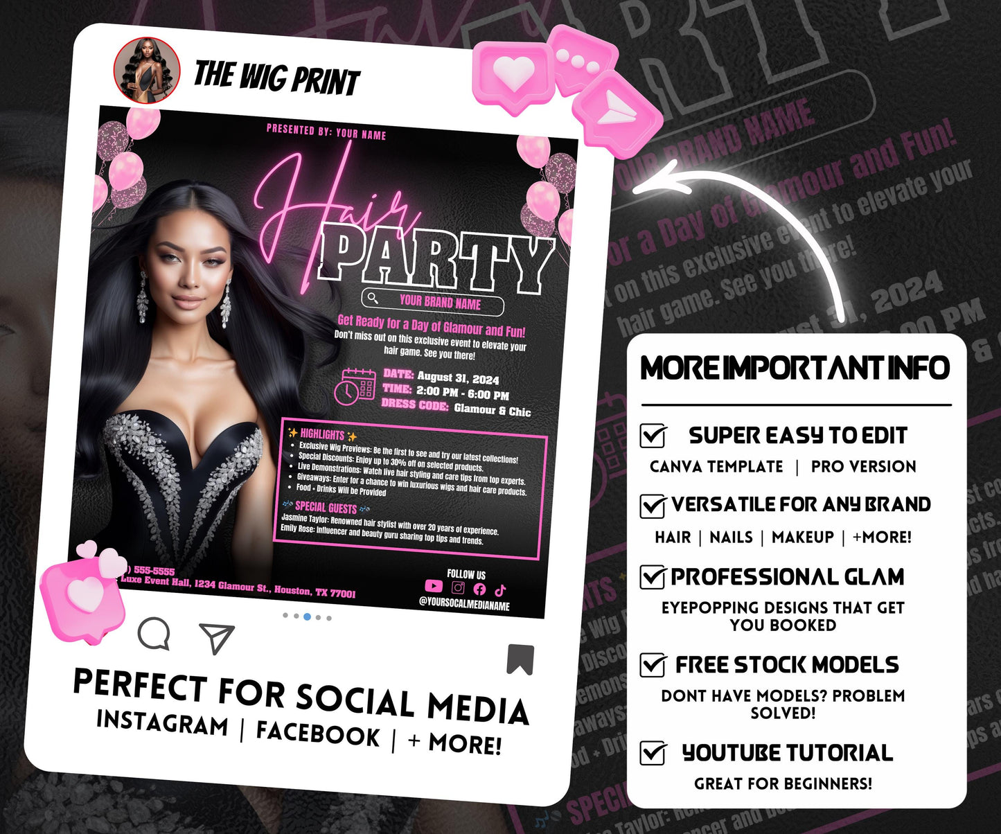 Hair Party Flyer | DIY Event Flyer | Hair Flyer | Canva Template | Party Invite for Social Media | Instagram