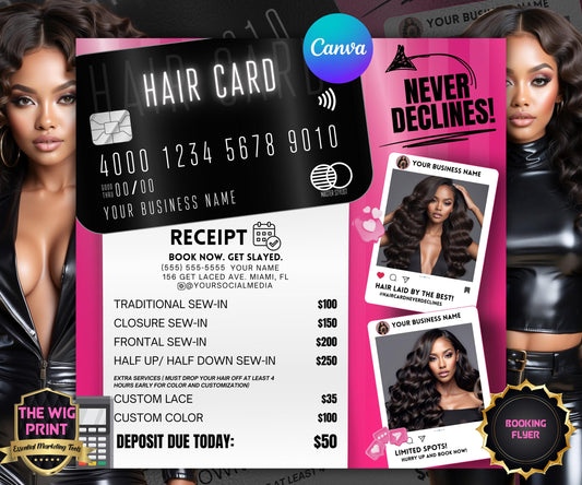 Hair Card Never Declines | Hair Stylist Flyer | Sew - In Flyer | Canva Template | Beauty Flyer | Hair Promo | Customizable | Social Media