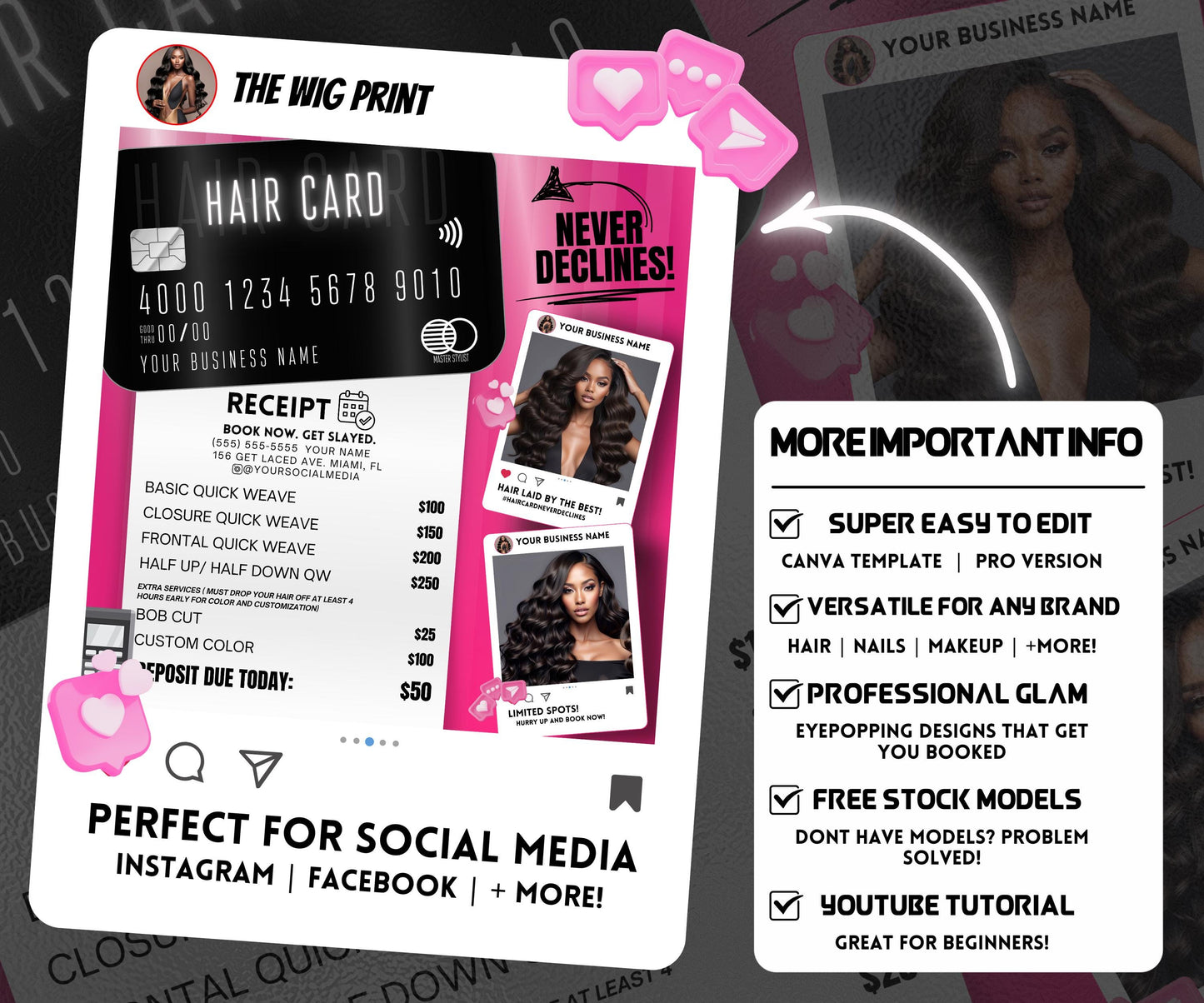 Hair Card Never Declines | Hair Stylist Flyer | Quick Weave Flyer | Canva Template | Beauty Flyer | Hair Promo | Customizable | Social Media