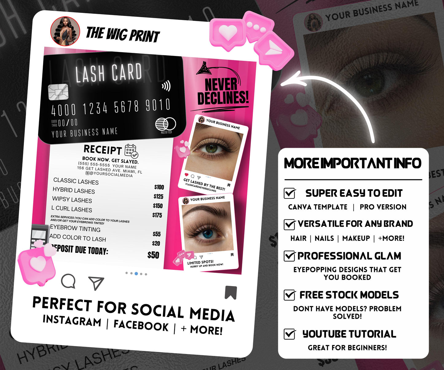 Lash Card Never Declines | Lash Tech Flyer | Lash Extensions | Canva Template | Beauty Flyer | Lash Promo | Customizable | Social Media