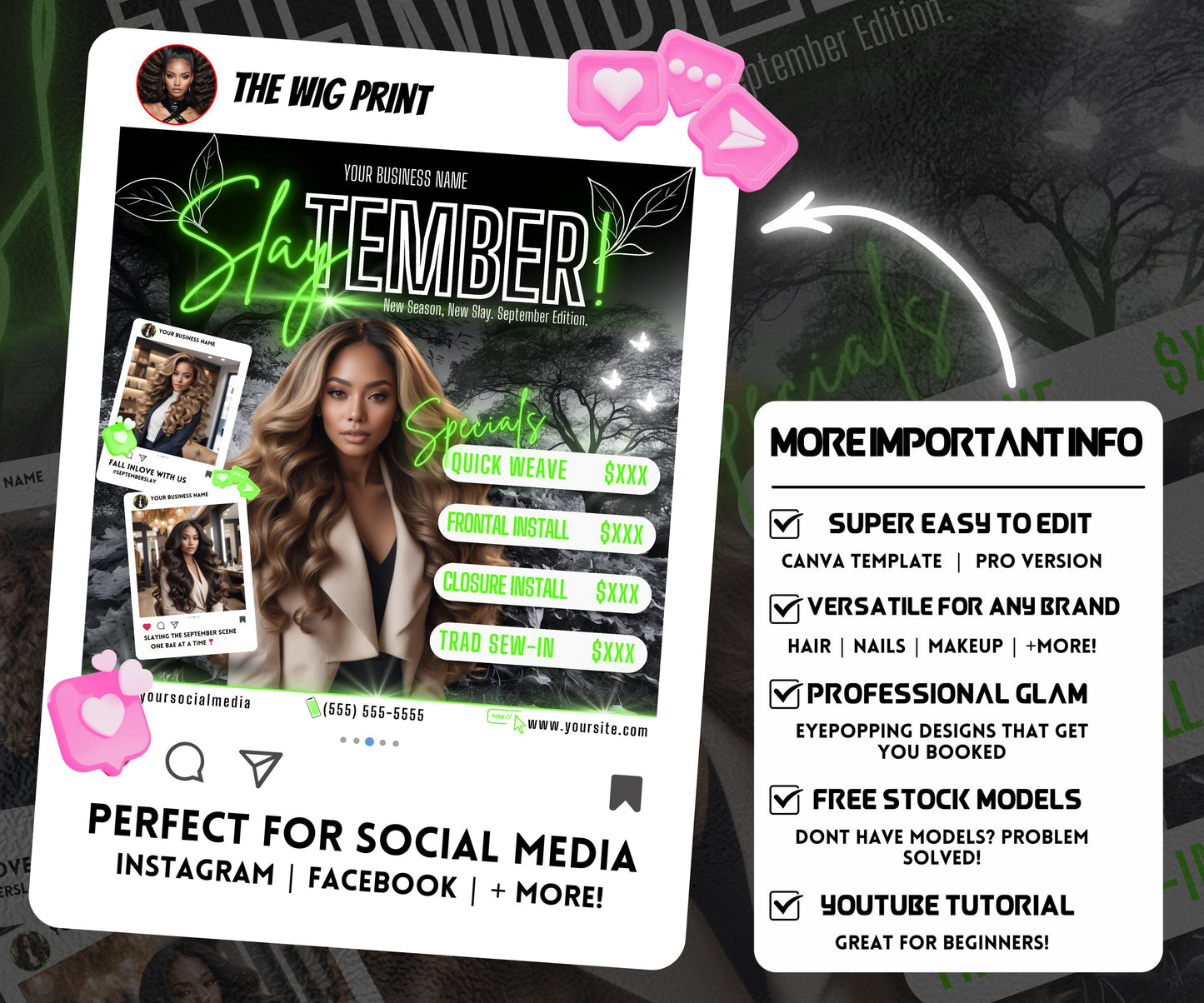 SlayTember | September Booking Flyer | Green Neon | Fall Theme | DIY | CANVA | Fall SZN | September Special | September Appointments