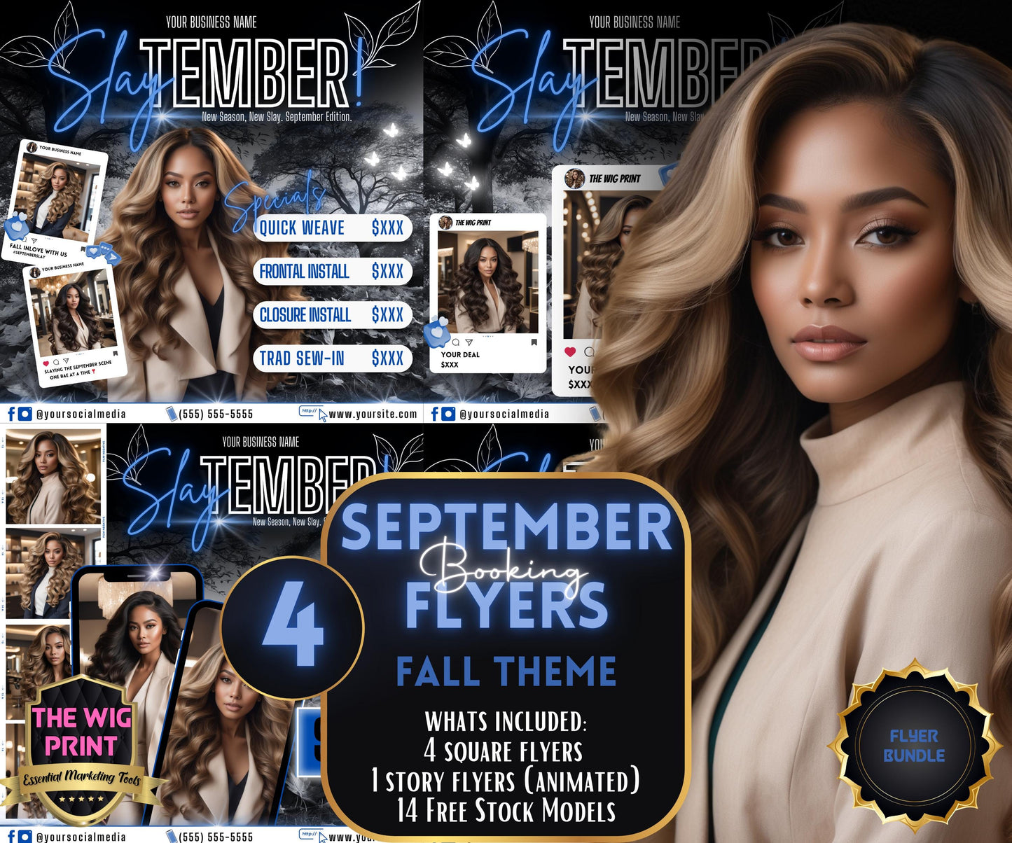 SlayTember | 4 September Booking Flyers | Blue Neon | Fall Theme | DIY | CANVA | Fall SZN | September Special | September Appointments