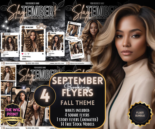 SlayTember | 4 September Booking Flyers | Beige Neon | Fall Theme | DIY | CANVA | Fall SZN | September Special | September Appointments