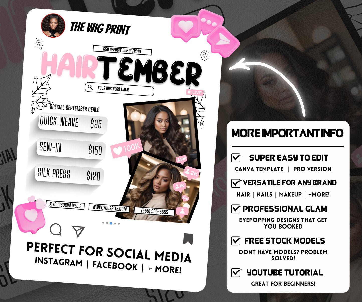 HairTember | Hair Stylist Flyer | Canva Template | Beauty Flyer | Hair Promo | Customizable | September Flyer | September Specials