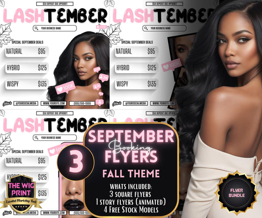 LashTember | 3 Lash Tech Flyers | Canva Template | Beauty Flyer | Lash Promo | Customizable | September Flyer | September Specials