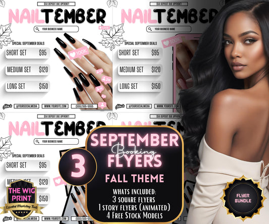 NailTember | 3 Nail Tech Flyers | Canva Template | Beauty Flyer | Nail Promo | Customizable | September Flyer | September Specials