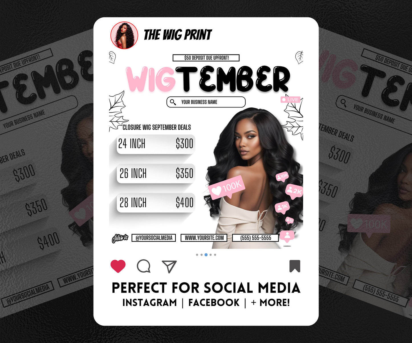 WigTember | 3 Wig Maker Flyers | Canva Template | Beauty Flyer | Wig Promo | Customizable | September Flyer | September Specials